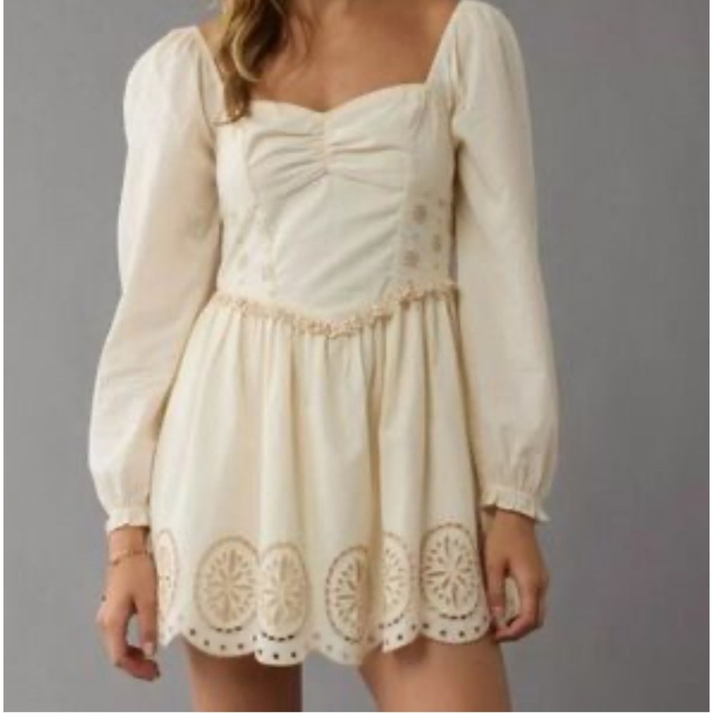 American Eagle Mini Dress Sweethearts Neck Women Small Off White Long Sleeve New